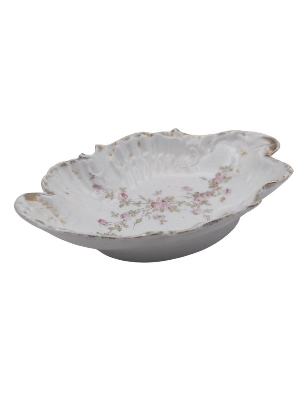Haviland Limoges Porcelain Relish Dish Pink Floral Garland Scalloped Gold Trim